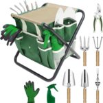 Garden Tool Set, 10 Piece Kit with Heavy Duty Folding Stool, Detachable Storage Tote Bag, Stainless Steel Tools, Gifts for Women Men Green - Image 2