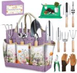 Gardening Tools 9-Piece Heavy-Duty Garden Tools Set, Stainless Steel Garden Hand Tools with Purple Floral Tote Bag and Repotting Mat Garden Supplies Kit Gifts for Women - Image 2
