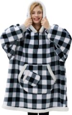 Giggling Getup Wearable Blanket Hoodie for Adults Gifts for Teen Girls Sister Women Sherpa Fleece Printed Hooded Blanket Sweatshirt Warm Cozy with Pocket & Sleeves Black Plaid - Image 2