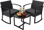 Greesum 3 Pieces Outdoor Furniture Set Patio Bistro Rocking Chairs with Glass Coffee Table for Pool Beach Backyard Balcony Porch Deck Garden, Black - Image 2