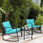 Greesum 3 Pieces Rocking Wicker Bistro Set, Patio Outdoor Furniture Conversation Sets with Porch Chairs and Glass Coffee Table, Blue - Image 2