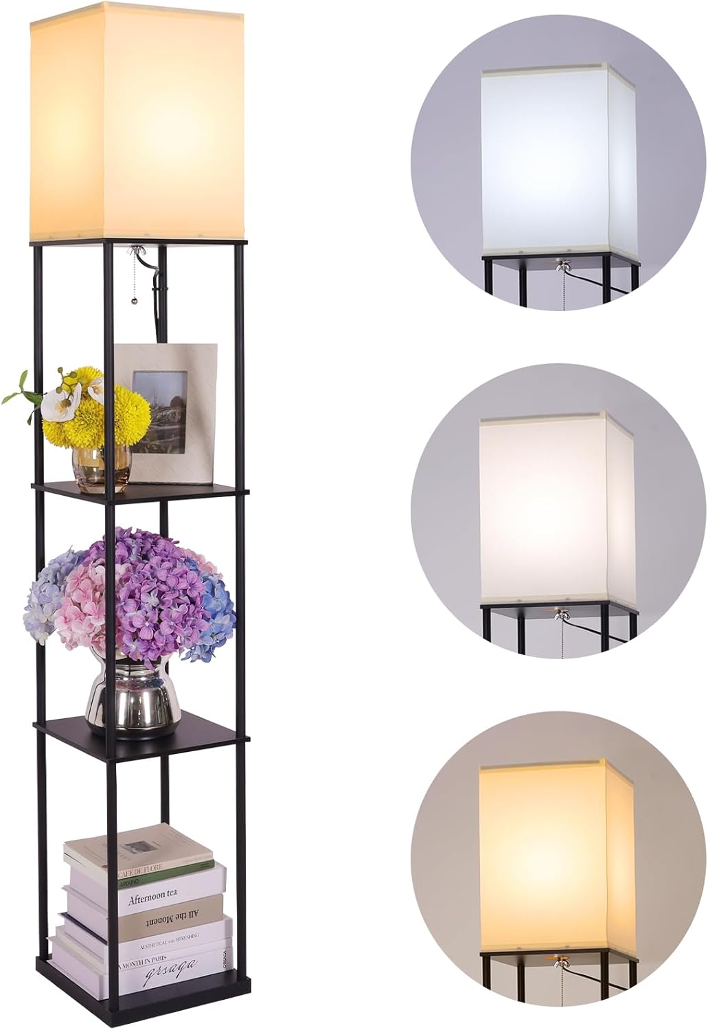 Gupuzm Floor Lamp with Shelves, Modern Square Standing Lamp with 3 Color Temperature Bulb, Corner Display Bookshelf Lamp for Living Room, Bedroom and Office (Black) - Image 2