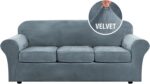 H.VERSAILTEX Modern Velvet Plush 4 Piece High Stretch Sofa Slipcover Sofa Cover Furniture Protector Form Fit Luxury Thick Velvet Sofa Cover for 3 Cushion Couch Width Up to 90 Inch (Sofa,Stone Blue) - Image 2
