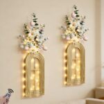 HOMECOR Easter Wall Decor Set of 2 - Boho & Modern Farmhouse Hanging Wooden Vase with Fairy Lights & Artificial Plants, Spring Wall Art for Living Room, Bedroom, Bathroom, Mothers Day Home Decor Gift - Image 2
