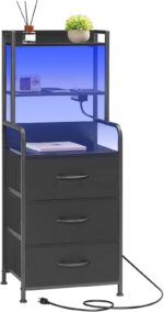 HOOBRO Tall Nightstand with Charging Station, LED Bedside Table with 3 Fabric Drawers and Open Shelves, USB-A, Type-C, 2 AC Outlets, Modern End Table for Bedroom, Black BB206UDBZ01 - Image 2