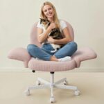 HUANUO Criss Cross Office Chair for Women, Cross Legged Desk Chair with Adjustable Armrests, Soft Corduroy Fabric for Small Spaces, Petite Home Office Computer Chair for Girls, Pink - Image 2