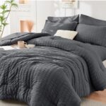 HYMOKEGE Queen Comforter Set Seersucker 7 Pieces, All Season Luxury Bed in a Bag for Bedroom, Bedding Set with Comforters, Sheets, Pillowcases & Shams, Dark Grey - Image 2