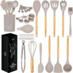 Home Hero Silicone Kitchen Utensils Set - Heat & Scratch Resistant Tools for Non-Stick Cookware - Beechwood Handles for Cool-Touch Grip - Holder with Hooks & Organizer Rack - 33 Pieces, Khaki - Image 2