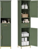 Homhedy 67" H Bathroom Storage Cabinet, Tall Storage Cabinet with Adjustable Shelves, Freestanding Cabinet with Doors and Drawer, Narrow Cabinet for Bathroom, Living Room, Kitchen, Dining Room, Green - Image 2