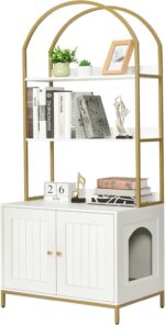 Homhedy Cat Litter Box Enclosure, Litter Box Furniture Hidden with 2-Tier Storage Shelves, Wooden Cat Washroom Furniture with Metal Frame, Modern Style, White and Gold - Image 2
