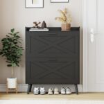 Homleke 32" W Farmhouse Shoe Storage Cabinet with 2 Flip Drawers and Barn Door Design, Adjustable Shelves, Modern Hidden Slim Narrow Shoe Rack Cabinet for Entryway, Foyer, Hallway, Living Room, Black - Image 2