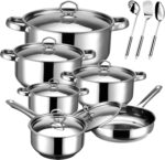 Hunnycook Stainless Steel Cookware Set - 15 Pieces Pots and Pans Set, Includes 6 Pots and Pans, 6 Lids and 3 Utensils, Fixed Handles, Induction Safe and Dishwasher Safe - Image 2