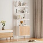 INNOD 74" Tall Bookshelf with Storage Cabinet, Modern Ladder Shelf with Wood and Metal Frame, Wall Mount Bookcase Open Display Shelf Furniture for Living Room, Bedroom, Home Office, White and Oak - Image 2