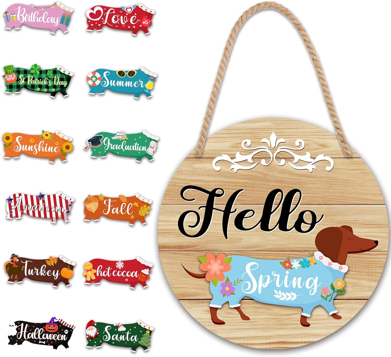 Interchangeable Welcome Door Sign, Holiday Decor For Front Door With 13 Changeable Seasonal Icons, Wooden Dachshund Wall Hanging Decorations For Farmhouse Porch, Holiday Gifts For Women -03 - Image 2