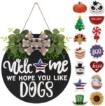 Interchangeable Wooden Seasonal Welcome Sign, Rustic Round Dogs Sign Front Door Wreaths for Home/Wall/Porch Decor, for Easter Spring Summer Fall Halloween Christmas All Season Decorations - Image 2