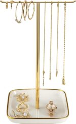 Jewelry Holder Stand with Ceramic Base: 12" Tall Necklace Organizer Rack, Tree Design Display Storage for Necklaces, Bracelets, Rings, Earrings, Aesthetic Room Décor for Girls and Women, Gold - Image 2