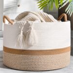 KAKAMAY Large Blanket Basket (20"x13"),Woven Baskets for storage Baby Laundry Hamper, Cotton Rope Blanket Basket for Living Room, Laundry, Nursery, Pillows, Baby Toy chest (White/Brown) - Image 2