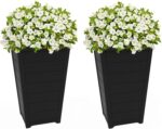 Keter Set of 2 Resin Modern Outdoor 22 Inch Tall Large Flower Pots, Tapered Wood Look Planters for Outdoor Plants and Front Porch Decor, Graphite - Image 2