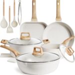 Kikcoin 16Pcs Ceramic Pots and Pans Set Non Stick, Includes a 9.5" Grill Pan, Induction Kitchen Cookware Sets, White Nonstick RV Kitchen Camping Cooking Sets Stackable (PTFE, PFOS, PFOA Free) - Image 2