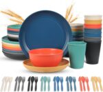 LAERJIN 56 Piece Wheat Straw Dinnerware Sets, Service for 8, Unbreakable Reusable Dinnerware Set,Dishwasher & Microwave Safe Plates and Bowls Sets, for Apartment Essentials, Outdoor Camping, Colourful - Image 2