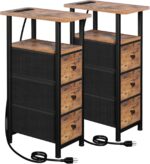LOAKEKEL Narrow End Tables Living Room Set of 2 with Charging Station, Skinny Side Table with Fabric Drawers, Slim Nightstand for Bedroom, Small Spaces, Couch, Brown, HETNDP03BR - Image 2