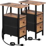 LOAKEKEL Narrow Nightstand with Charging Station, End Tables Living Room Set of 2, Skinny Side Table with Fabric Drawers, Slim Sofa Table for Bedroom, Small Spaces, Couch, Brown, HETNDP02BR - Image 2