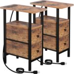 LOAKEKEL Narrow Nightstand with Charging Station, End Tables Living Room Set of 2, Skinny Side Table with Fabric Drawers, Slim Sofa Table for Bedroom, Small Spaces, Couch, Rustic Brown, HETNDP02PBR - Image 2