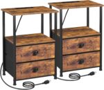 LOAKEKEL Night Stand Set 2, Nightstand with Charging Station, End Tables with Storage Shelf for Small Spaces, Bedside Table Side Tables with 2 Fabric Drawers for Bedroom, Rustic Brown, HETS020PBR - Image 2