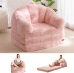 MAXYOYO Folding Sofa Bed, 2 in 1 Convertible Sofa to Lounger Comfy Single Bean Bag Chair for Adults, Floor Sleeper Couch with Handle, Faux Fur Couch Bed for Living Room Bedroom, Pink - Image 2