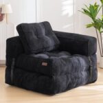 MAXYOYO Folding Sofa Bed, L-Shaped Convertible Sofa with Armrest Foldable Sleeper Bed with Pillow, Portable Fold Out Chair Comfy Floor Lounge for Living Room Bedroom, Black - Image 2