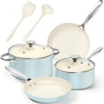 MICHELANGELO Pots and Pans Set Non Stick, 8-Piece Ti-infused Ceramic Cookware Set with Silicone Utensils - Induction Compatible, Oven Safe, PFOA-Free, Blue - Image 2