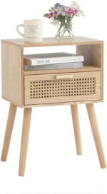 MaxSmeo Modern Nightstand Rattan Side End Table with Storage, for Living Room, Bedroom and Small Spaces, Accent Bedside Farmhouse Tables with Solid Wood Legs, Easy Assembly (Natural Walnut) - Image 2