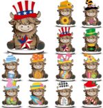 Menkxi Interchangeable Highland Cow Decor Seasonal Wooden Signs Farmhouse Table Centerpiece with Holiday Icon Rustic Cow Tiered Tray Decor Patriotic Spring Summer Decorations for Home Office Desk Gift - Image 2