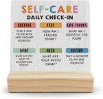 Mental Health Desk Decor, Inspirational Self Care Daily Check in Wood Desk Sign, Therapy Office Shelf Decor, Motivational Wooden Plaque with Wood Stand for Home Counseling Office Table - Image 2