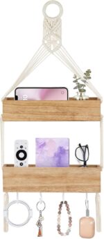 Mkono Macrame Hanging Shelf for Bedside Shelf Organizer with Hooks, Boho Wall Decor Cute Wood Floating Shelves for Girls Bedroom Dorm Nursery, Wall Storage for Phone, Remote, Accessories (Small) - Image 2
