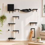 Modern Wall-Mounted Cat Furniture - 5pcs Cat Wall Shelves, Wooden Climber Includes House, Bridge, Tree, Steps, and Scratcher (Black) - Image 2