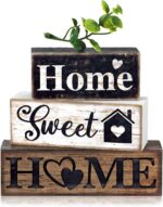 Moucuny 4 Pcs Farmhouse Wooden Tabletop Decor Farmhouse Tiered Tray Decor Rustic Eucalyptus Leaves Wood Block Sign Gift Sweet Home Centerpiece Home Table Decortion - Image 2