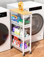 OKZEST Utility Slim Storage Cart, 4 Tier Small Rolling Kitchen Laundry Room Cart with Wood Top, Metal Narrow Bathroom Storage Cabinet Mobile Shelf Unit Organizer Trolley with Handle for Narrow Space - Image 2