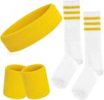 ONUPGO 5 Pieces Sweatbands Striped Socks Set Sports Headband Wristbands High Tube Socks 80s Accessories Costumes - Image 2