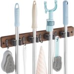 OUTNILI Mop and Broom Holder Wall Mount - Wood Broom Mop Hanger - Wall Mounted Garden Tool Rack Organizer for Closet Garage Laundry Room, Rustic Kitchen Decor With 4 Slots & 4 Hooks - Image 2