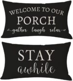 PANDICORN Welcome to Our Porch Stay Awhile Farmhouse Black and White Outdoor Lumbar Decorative Throw Pillow Covers 12x20 Inch Set of 2 Cozy Relax Porch Patio Decorations for Home Couch Bench Decor - Image 2