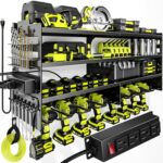 POKIPO Large Power Tool Organizer Wall Mount with Charging Station,4 Layer Heavy Duty Metal Tool Storage Rack Loads 600lbs with 8 Cordless Drill Holder,Battery Utility Rack Loads with 4 Power Strip - Image 2