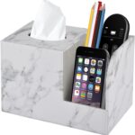 PU Leather Tissue Box Cover Square-Multifunctional Bathroom Tissue Box Holder/Organizer with 2-Compartment,Remote Control Holder,Decorative Tissue Box Covers Cube,Home Office Desktop Storage box,White - Image 2
