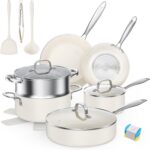 PekGema Ceramic Pots and Pans Set, 16 Pcs Cookware Set Non Toxic, Nonstick Kitchen Cookware, Oven Safe Cooking Pan Set, PFAS PTFE PFOA FREE,Compatible with All Cooktops, comfortable handle.Cream White - Image 2