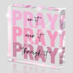 Pink Inspirational Decor Pray Over It Bible Verse Wall Art Christian Gifts for Women, 4x 4 Inches Office Desk Accessories Decor Sign, Pink Dorm Room Decoration for Women - Pray on it Pray through it - Image 2