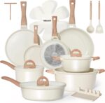 Pots and Pans Set Non Stick Non-Toxic 22 Pcs Ceramic Cookware Sets Nonstick Kitchen Pot&Pan With Lid Cream White Granite Induction Compatible with Glass Lids Crepe Frying Pan PFOA/PFOS-Free - Image 2