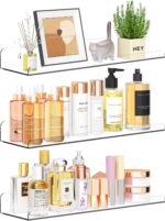 Qukaka Floating Shelves for Wall Decor, 15" Extra Clear Wall Shelves for Bedroom, Living Room, Kitchen, Bathroom Decor, Nail Polish/Book/Decoration/Makeup/Perfume Organizer Floating Shelf-3Pack - Image 2