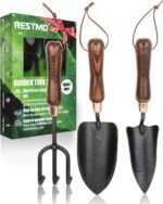 RESTMO 3-in-1 Heavy Duty Gardening Tools Kit, Premium Carbon Steel Garden Hand Tools with Ergonomic Wooden Handle Includes Trowel, Transplanter, and Cultivator, Ideal Gardening Gifts for Gardener - Image 2