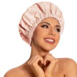 Reusable Shower Cap for Women, Large Waterproof Shower Bonnet Washable Elastic Band Bath Accessories Hair Hat for Long Hair, Braids(Beige) - Image 2