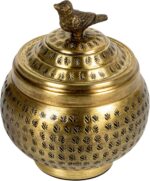 Round Hammered Metal Container with Bird Finial, Brass Finish - Image 2